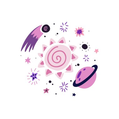 Meteorun, güneşin, satürasyonun, yıldızların ve buklelerin beyaz arkaplandaki çocuk çizimleri. Kozmik ışıltılar. Galaksi. Vektör el çizimi düz resimleme