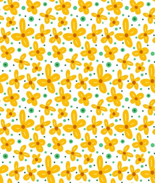 Seamless Floral Pattern Small Yellow Flowers Turquoise Dots White Background — 图库矢量图片