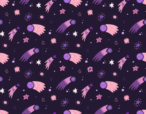 Бесшовный Детский Космос Звездами Кометой Астероидом Темно Фиолетовом Фоне Векторная — стоковый вектор