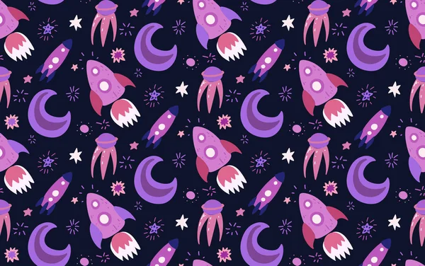 Бесшовный Детский Космос Звездами Луной Шаттлом Спутником Темно Фиолетовом Фоне — стоковый вектор