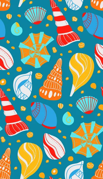 青い背景に砂やドアの装飾が施された漫画の貝殻でシームレスなパターン 海の住人とのフラットテクスチャBohoの装飾 軟体動物 貝殻やカタツムリとベクトル壁紙 — ストックベクタ
