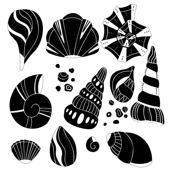 Set Black Silhouettes Various Seashells Boho Pattern Decorated Sea Clams — 图库矢量图片