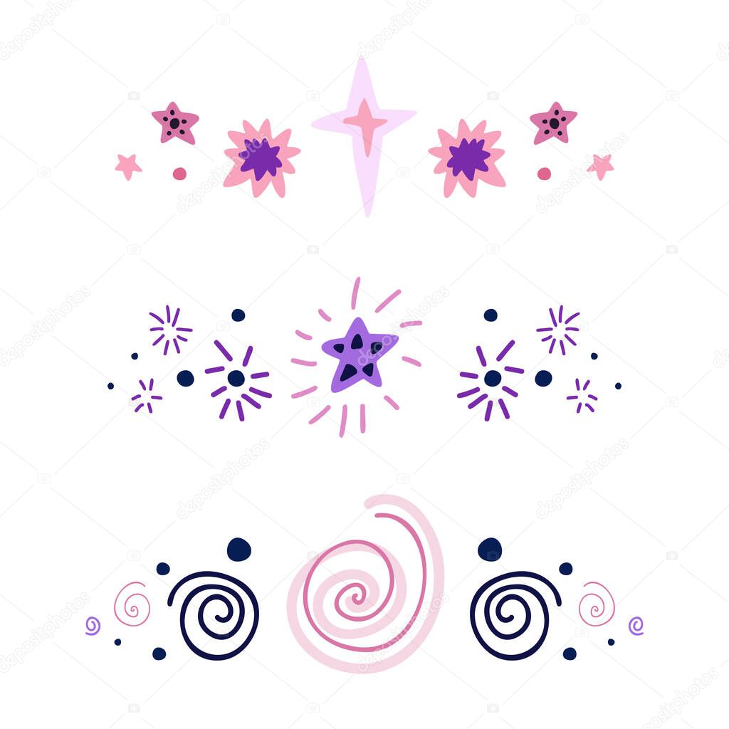 Set of spacers with stars, dots and spiral. Vector space design elements. Hand drawn flat baby cosmos text delimiters for articles, invitations and cards. Constellations and planetarium