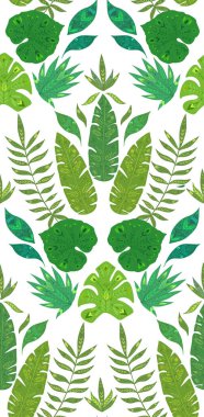 Beyaz arka planda folklor desenli tropikal desenli yer imi. Yapraklı doğal vektör dokusu. Kabile dekorasyonlu orman duvar kâğıdı. Boho yağmur ormanlarıyla arka plan