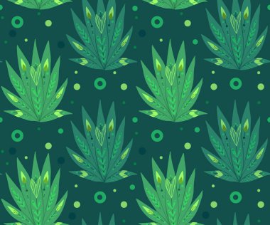 Koyu yeşil arka planda noktalı, halk desenli kusursuz tropikal desenler. Palmiye yapraklarının vektör dokusu ve kabile desenli bitkiler. Orman yapraklı duvar kağıdı. Yağmur ormanlı kumaş