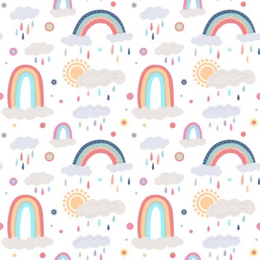 Farklı gökkuşakları, bulutlar, beyaz bir zemin üzerindeki renkli damlalar ve noktalarla sevimli çocuksu desenler. Vektör doğal doku. Kibar gökyüzü duvar kâğıdı. Doğal fenomenin çok renkli kavisleri