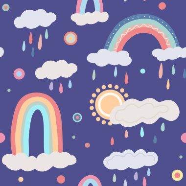 Farklı gökkuşakları, bulutlar, mor arkaplandaki güneş, renkli damlalar ve noktalarla sevimli çocuksu desenler. Vektör doğal doku. Hafif yağmurlu gökyüzü duvar kağıdı. Doğal fenomenin çok renkli kavisleri