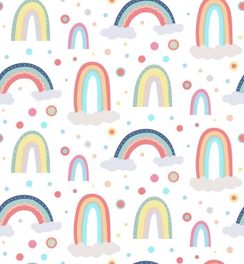 Gökyüzünün sevimli çocuksu deseni. Farklı gökkuşakları, bulutlar ve noktalarla kusursuz desen. Beyaz zemin üzerinde yumuşak pastel renkte vektör duvar kağıdı. Kreş için kumaş