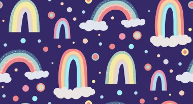 Gökyüzünün sevimli çocuksu deseni. Farklı gökkuşakları, bulutlar ve noktalarla kusursuz desen. Koyu bir arka planda yumuşak pastel renkte vektör duvar kağıdı. Kreş için kumaş