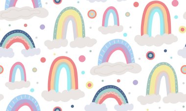 Farklı gökkuşağı ile sevimli çocuksu desen, beyaz arkaplanda renkli noktalı bulut. Vektör düz doğal doku. Kibar gökyüzü duvar kâğıdı. Çizgi film çok renkli yay ile arkaplan