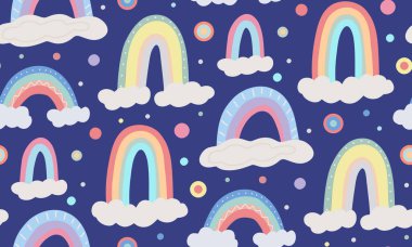 Farklı gökkuşağı ile sevimli çocuksu desen, koyu mavi arka planda bulut ve renkli noktalar. Vektör düz doğal doku. Yumuşak gökyüzü menekşe duvar kağıdı. Çizgi film çok renkli yay ile arkaplan