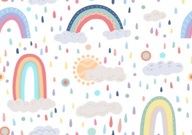 Farklı gökkuşakları, bulutlar, beyaz arka planda güneş, renkli damlalar ve noktalarla sevimli çocuksu desenler. Vektör düz doğal doku. Kibar gökyüzü duvar kâğıdı. Çizgi film çok renkli yay ile arkaplan