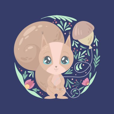 Koyu mavi arka planda fındık balonu ve bitki süslemesi olan sevimli bir sincabın çocuksu çizimi. Yavru hayvan. Çocuk odası, çıkartma ve kartlar için vektör çizgi filmi düz çizimi