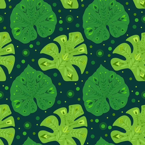 リアナとモンスターの熱帯パターンは ドットで緑の背景に民俗パターンを残します 葉が付いている自然なベクトルテクスチャ 部族の装飾とジャングルの壁紙 熱帯雨林の背景 — ストックベクタ