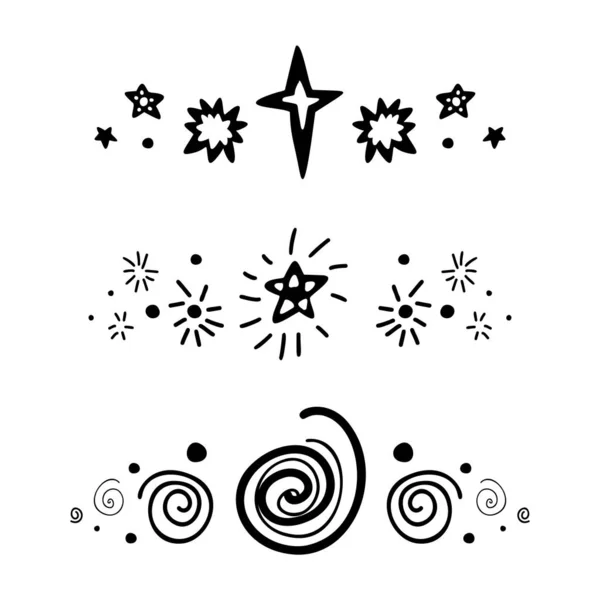 Conjunto Espaciadores Con Estrellas Silueta Negra Puntos Espiral Elemento Diseño — Vector de stock