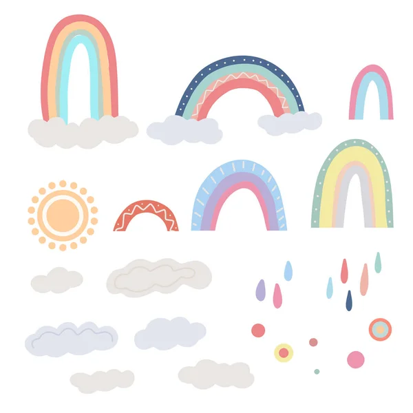 Conjunto Lindos Arcoíris Infantiles Diferentes Nubes Sol Gotas Colores Puntos — Vector de stock