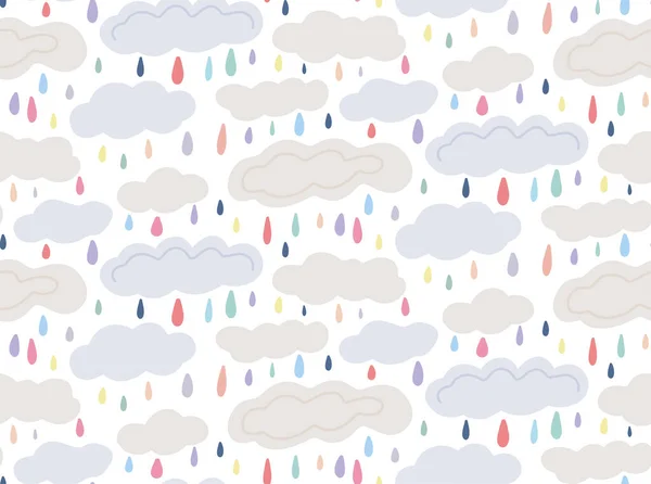カラフルなドロップと白い背景に雲とかわいい子供っぽいパターン 雨でベクトル自然なテクスチャ 優しい空の壁紙 多色の雨の生地 — ストックベクタ