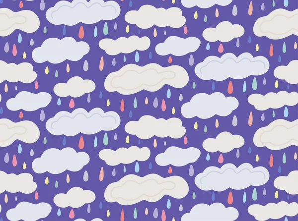 カラフルなドロップと紫色の背景に雲とかわいい子供っぽいパターン 雨でベクトル自然なテクスチャ 優しい雨曇りの空の壁紙 多色の雨の生地 — ストックベクタ