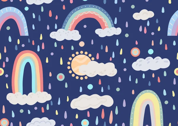 濃い青の背景にカラフルな雨 虹と太陽と子供の漫画の自然パターン 空のベクトルフラットテクスチャ 保育園用壁紙 — ストックベクタ