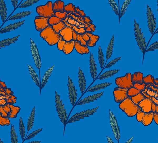 Zökkenőmentes Minta Színes Botanikai Vázlat Körömvirág Levelek Kék Háttér Vektortextil — Stock Vector