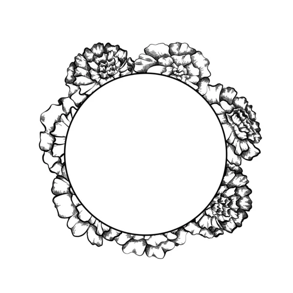 Marco Redondo Con Boceto Monocromo Caléndulas Espacio Para Copiar Tarjetas — Archivo Imágenes Vectoriales