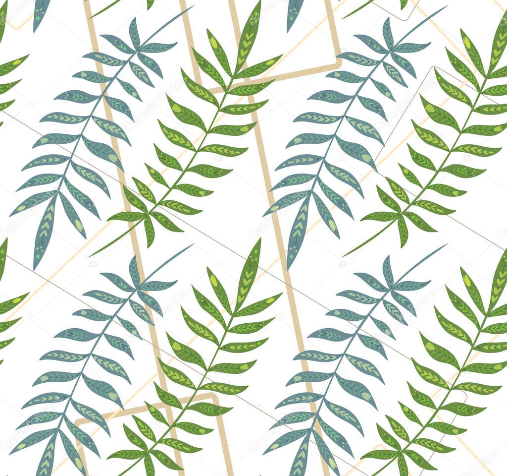 Seamless pattern with tropical leaves with folk decoration on geometric lines. Texture with green leaves with tribal ornament. Vector wallpaper with branch of rainforest. Natural decorative fabric