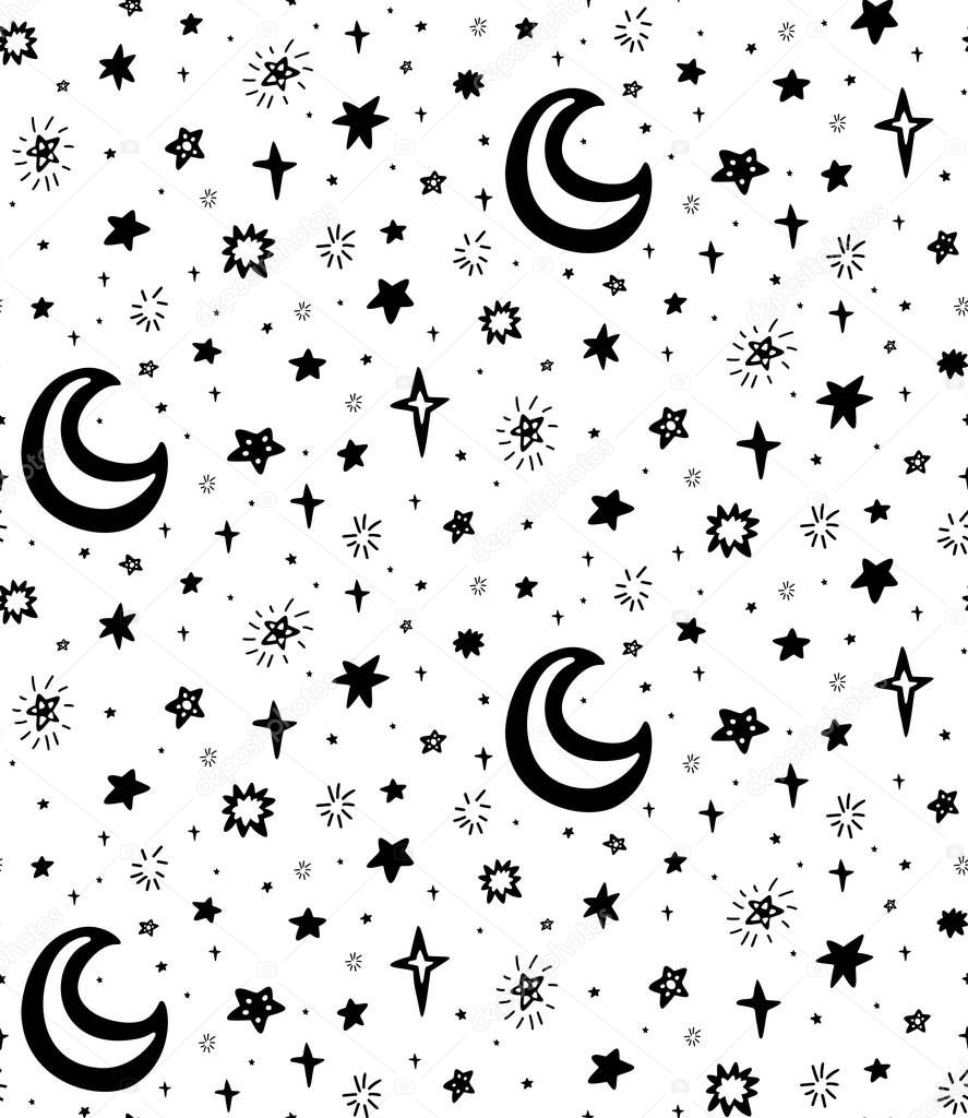 Seamless childish cosmos pattern with black silhouette of stars and moon on white background. Vector monochrome texture of the universe with dots. Vector wallpaper of space