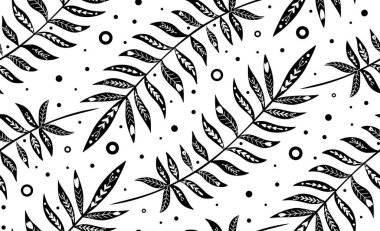 Tek renkli tropikal yapraklı kusursuz desenli, folklor süslemeli. Yaprakların siyah silueti ve kabile süsü. Yağmur ormanı dallı vektör duvar kağıdı. Doğal kumaş.