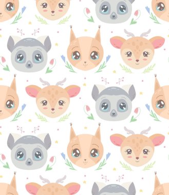 Beyaz arka planda hayvan kafaları ve çiçekler olan sevimli çocuksu bir model. Lemurlu vektör dokusu, yıldızlı sincap ve çiçek desenli geyik. Çocuk odası için çizgi film hayvansı duvar kağıdı..