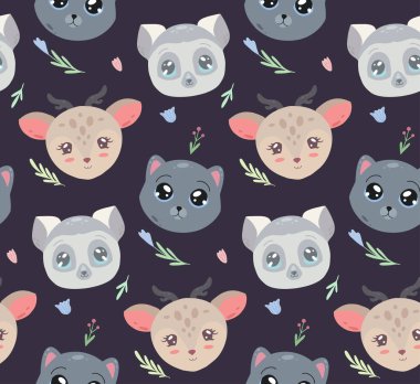 Koyu arkaplanda çiçek ve hayvan kafaları olan sevimli çocuksu bir model. Lemurlu vektör dokusu, çiçek desenli kedi ve geyik. Çocuk odası için çizgi film hayvansı duvar kağıdı..