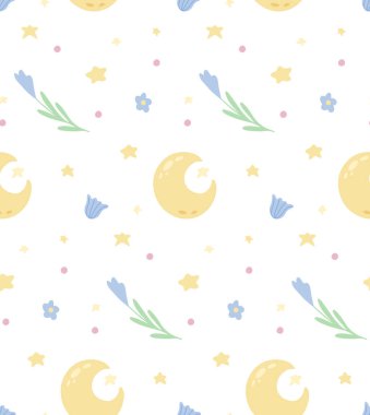 Beyaz arka planda ay ve çiçekler olan sevimli çocuksu desen. Yıldızlı ve çiçek desenli vektör dokusu. Çocuk odası için karikatür yaz gece duvar kağıdı. Gökyüzü kumaşı
