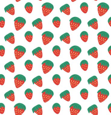 Beyaz arka planda çilek olan basit çocuksu bir model. Doğal düz dokuya böğürtlen ekleyin. Tatlı ve lezzetli yemekleri olan kumaş. Çocuk odası için duvar kağıdı.