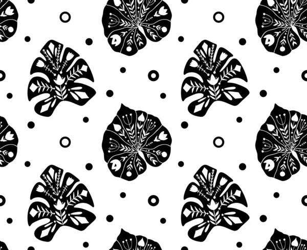 热带模式与黑色蜥蜴和怪兽叶与民间模式的白色背景与点 具有叶面的天然单色矢量纹理 带有部落装饰的丛林壁纸 — 图库矢量图片