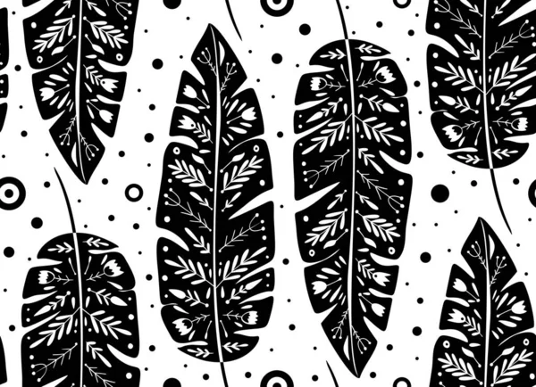 Tropical Pattern Black Banana Palm Leaves Folk Pattern White Background — Stock Vector