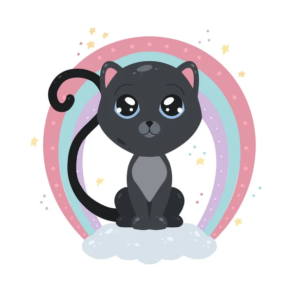 Linda Ilustración Infantil Gato Negro Una Nube Con Arco Iris — Vector de stock