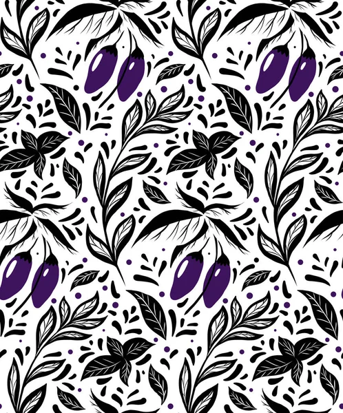 Naadloos Monochroom Patroon Met Aubergines Struiken Basilicum Takjes Doodle Decoratie — Stockvector