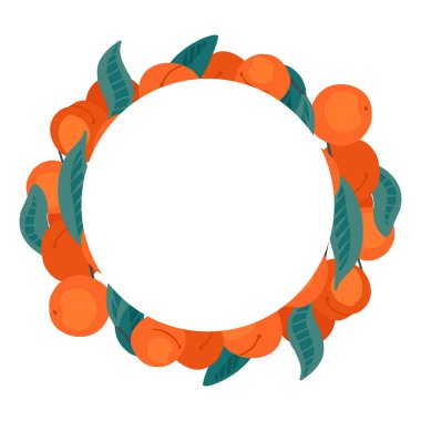 Yuvarlak çerçeveli şeftali, kayısı, yapraklar, saplar ve yazı için yer. Menü için karikatür, tatlı böğürtlenlerle çevrili. Kartlar için meyve, yaprak ve kopyalama alanı içeren vektör düz şablonu