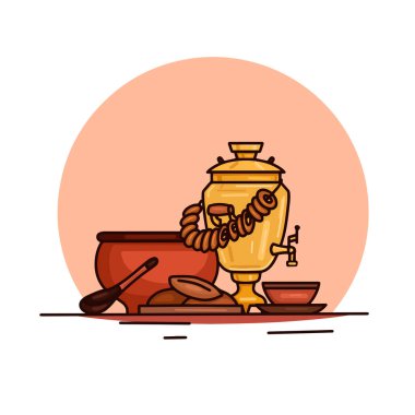 Geleneksel Rus yemeklerini tanıtmak. Dünya insanlarının geleneksel mutfağı işte. Samovar, pancar çorbası, turta ve simit. Menüler, çıkartmalar ve tasarımınız için vektör özeti çizimi