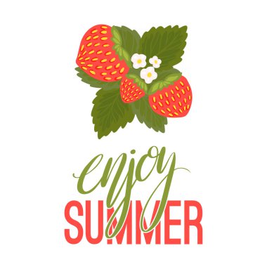 Yazın tadını çıkar. Yapraklı, çiçekli ve harfli sulu çileklerden oluşan dikey bir kartpostal. Beyaz arka planda böğürtlen ve yapraklı vektör pankartı..