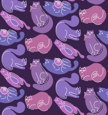 Kusursuz desenli, koyu arkaplanda sevimli, soyut, tembel kediler. Hayvanlı vektör dokusu. Hayvanlar için modern duvar kağıdı. Düz elli kumaş ve duvar kağıdı çizilmiş menekşe kedileri.