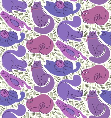 Soyut sevimli, tembel kedilerle kusursuz bir düzen. Hayvanlı vektör dokusu. Hayvanlar için modern duvar kağıdı. Beyaz arka planda menekşe kedili kumaş