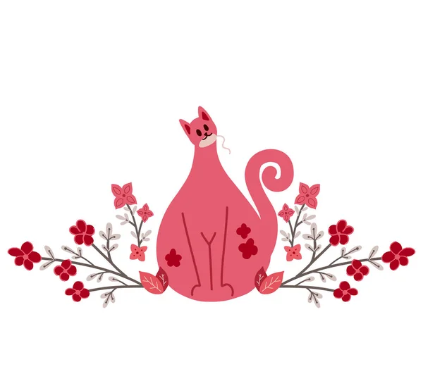 Lindo Gato Rosa Con Juguetes Ratón Flores Las Ramas Delicada — Vector de stock
