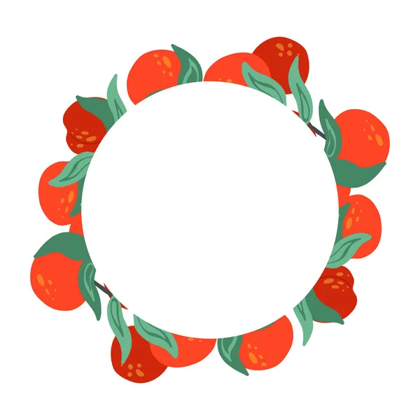 ネクタリン 茎とテキストのための場所を持つ丸枠 メニューのための夏の漫画甘い果実と円の境界線 フルーツ 葉とカードのためのスペースをコピーするベクトルフラットテンプレート — ストックベクタ