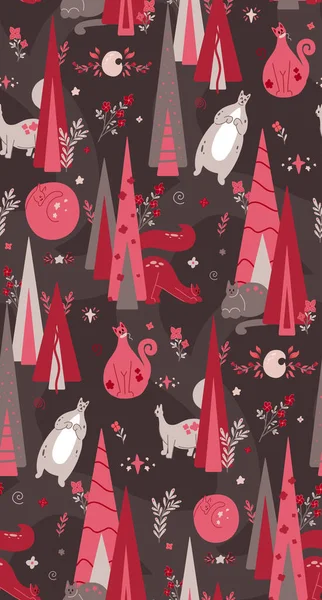 暗い背景にスタイリッシュなモミの木 花やかわいい猫と繊細なパターン 森の散歩に子猫とベクトル赤ちゃんピンクのテクスチャ 動物性の壁紙と保育園のための生地 — ストックベクタ