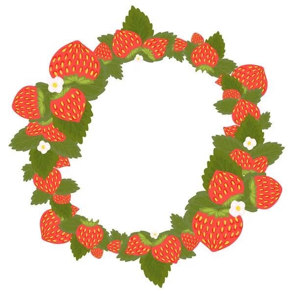 イチゴ 花やテキストのための場所と丸枠 メニューのための夏の果実と円の境界 葉とカードのためのスペースをコピーするベクトルテンプレート — ストックベクタ