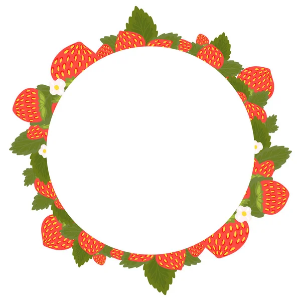 Cadre Rond Avec Fraises Feuillage Fleurs Place Pour Texte Bordure — Image vectorielle