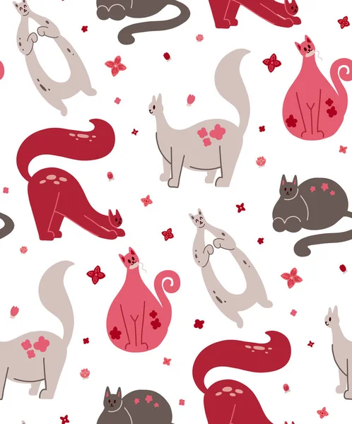 Bezešvé Dítě Vzor Tlusté Růžové Kočky Květiny Bílém Pozadí Textura — Stockový vektor