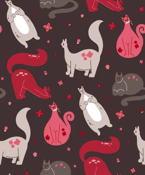 Bezešvé Dítě Vzor Tlusté Růžové Kočky Květiny Hnědém Pozadí Textura — Stockový vektor