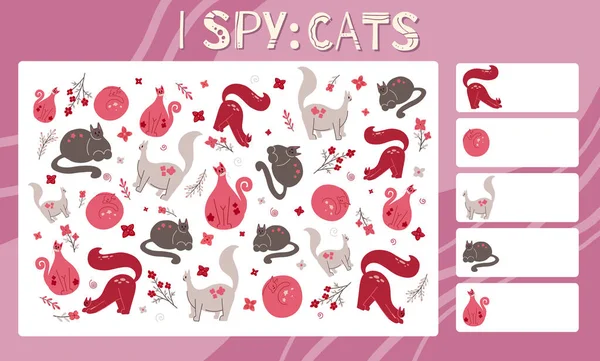 スパイゲームだ 子供の教育の楽しさ 猫の数を数えなさい 平手描き子猫 葉や花 就学前のゲームのためのベクトル動物テンプレート 教育課題表 — ストックベクタ