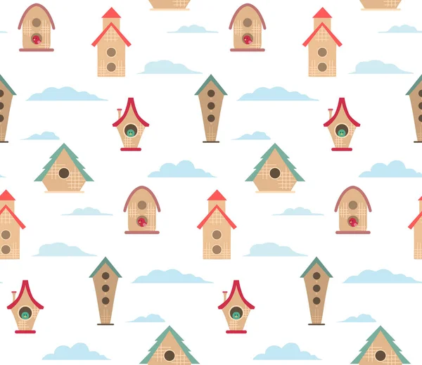 Seamless Pattern Simple Bird Houses Clouds White Background Childrens Texture — Stock Vector